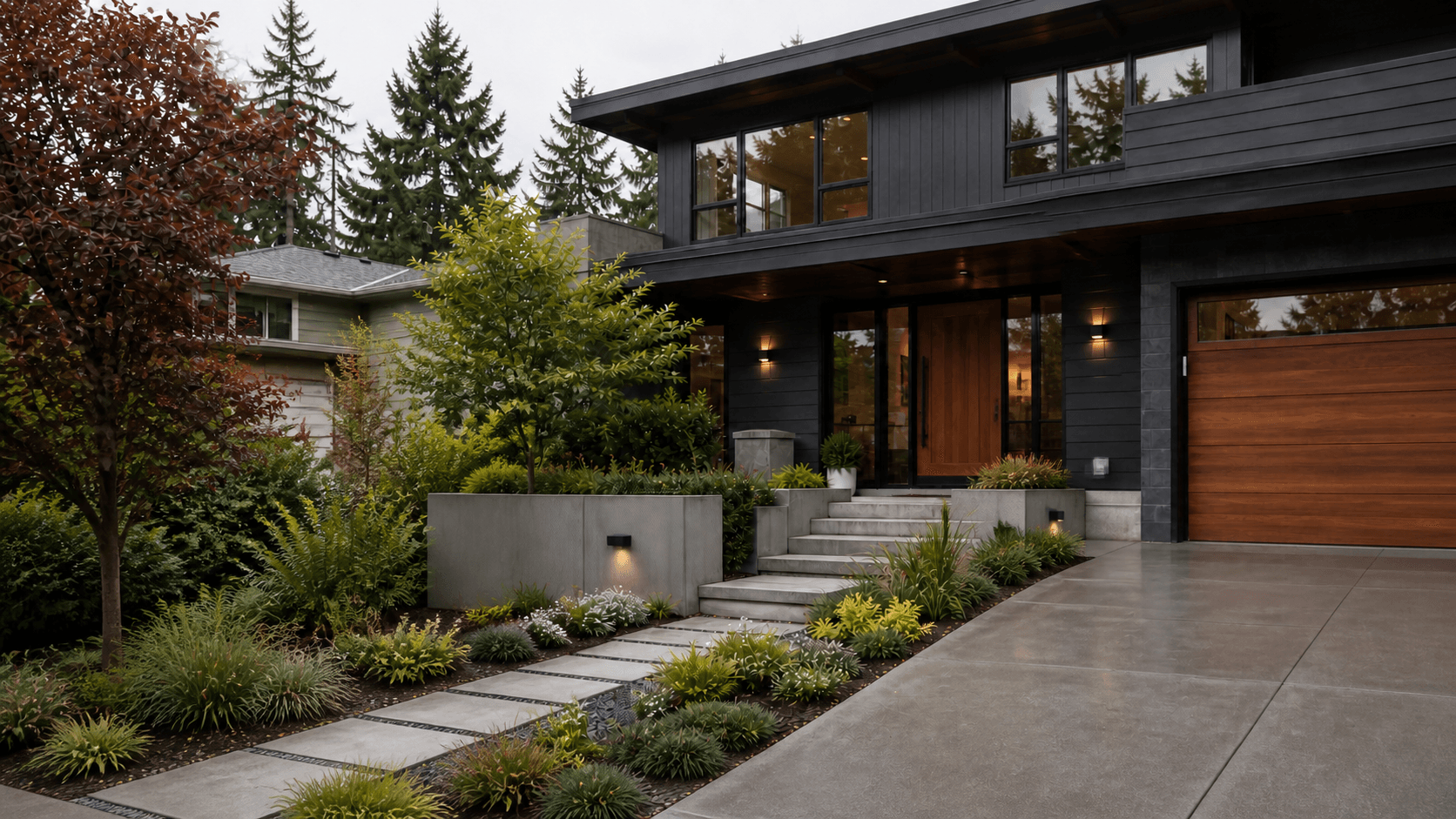 Contemporary Pacific Northwest home surrounded by evergreen landscaping